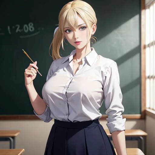 ultra high res,  best quality, 1 woman, 45 year old woman, school teacher, blonde side ponytail, large breasts, (cowboy shot:2)  <lora:Japanese-doll-likeness:0.2> (russian:0.8)