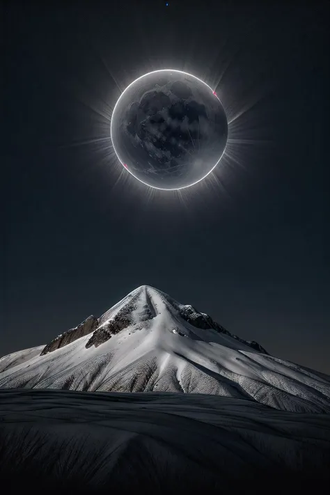 a moon eclipse over a mountain with a snow covered mountain in the background