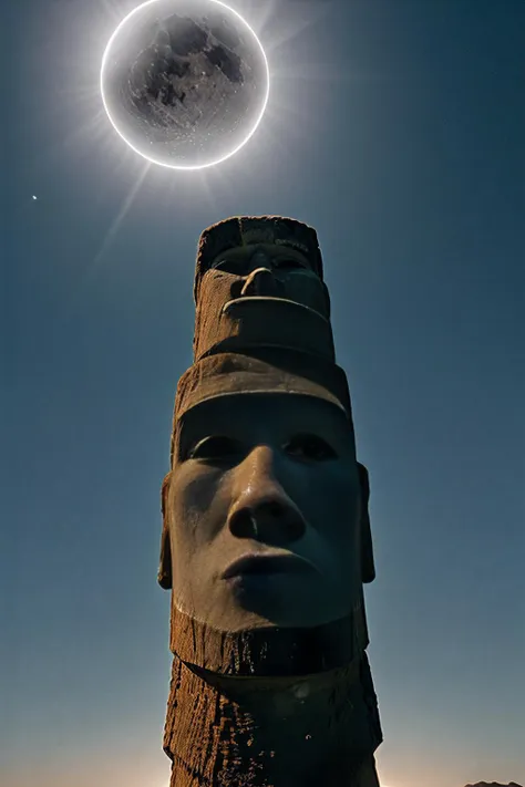 a close up of a statue with a sun in the background