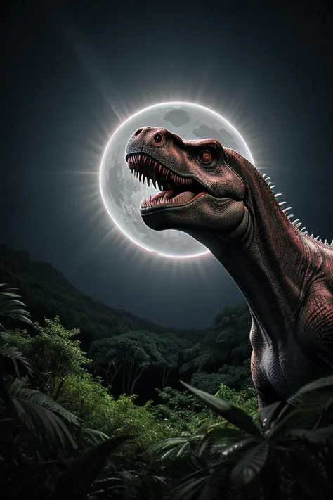 a close up of a dinosaur with a full moon in the background