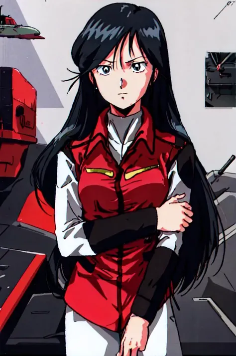 high res, 1girl, long hair, black hair, calm expression, red jacket, long sleeves, military, military uniform, White collared, spaceship interior background <lora:Aki_Kisaragi_TekkamanBlade-KK77-V1:0.9>,  <lora:80sv1:0.3>