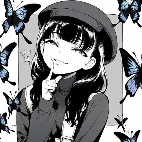 <lora:SabakuPonyXL-000007:1>
best quality,  score_9, score_8_up, score_7_up, score_6_up, rating_explicit,source_anime,original_art  BREAK
Sabaku, 1girl, greyscale, monochrome, hat, bug, solo, finger to mouth, butterfly, long hair, looking at viewer, bangs,...