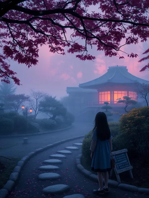 a girl in a japanese garden by dawn with fog katamaristyle