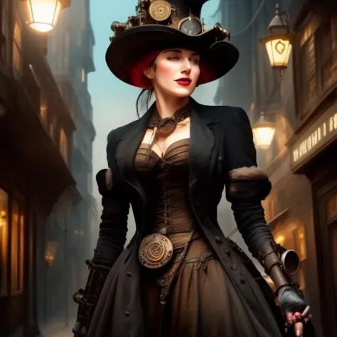 a steampunk artwork, a lady with a hat, a street with glowing lights, something