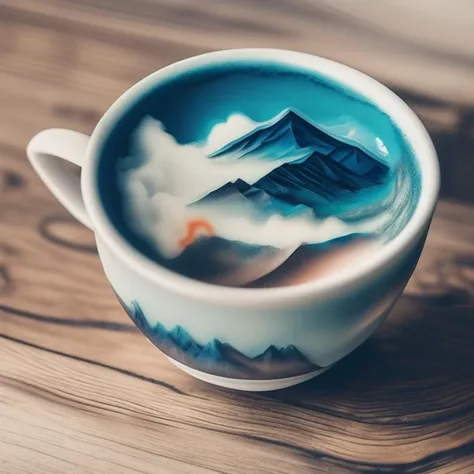 a cup filled with mountains fuming, masterpiece, somewhere