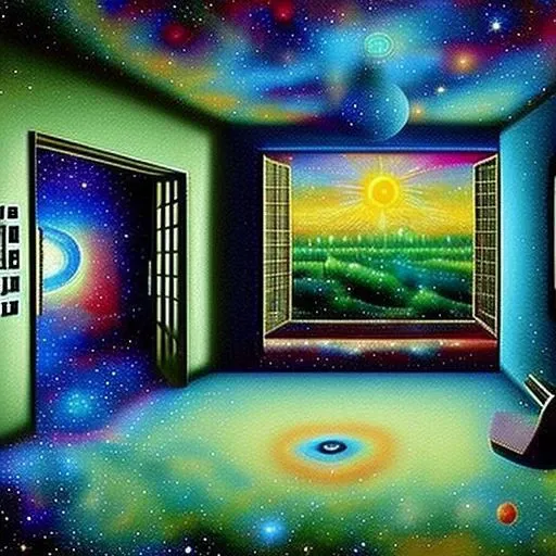 an abstract painting of a room with a garden and a galaxy, abstract realities