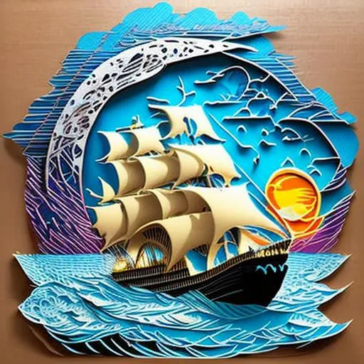 a cutout pasted paper art of a boat on the sea, moons in the sky