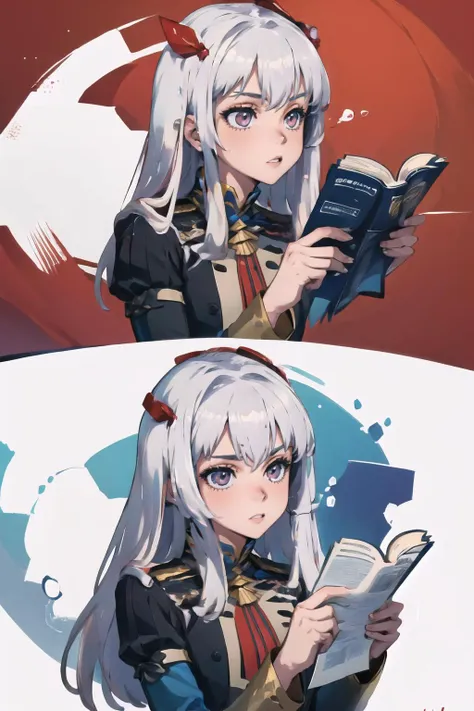 a couple of pictures of a woman holding a book