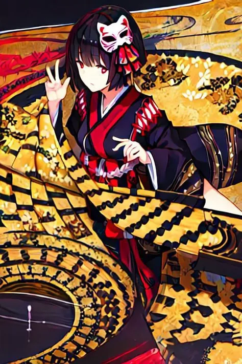 anime girl in kimono outfit laying on a gold and black patterned rug