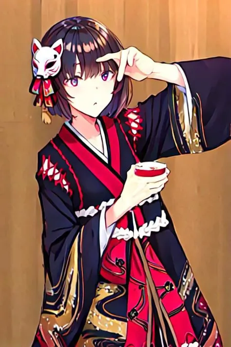 anime girl in kimono outfit holding a cup of coffee