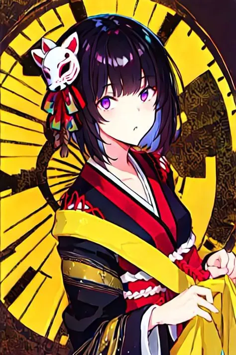 anime girl in kimono outfit holding a cat and a yellow umbrella