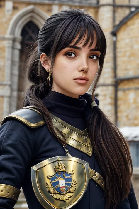 a close up of a woman in a uniform with a sword