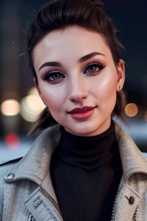 <lora:glamsteph-06:0.6>, glamsteph, photo of a woman, ((hair up, hair in bun, dark brown hair)), ((turtleneck sweater, jacket)), ((closeup, portrait)), ((outdoors, city, at night, snow)),smiling, (red lipstick, eyeliner, eye shadow, blush), ((best quality,...