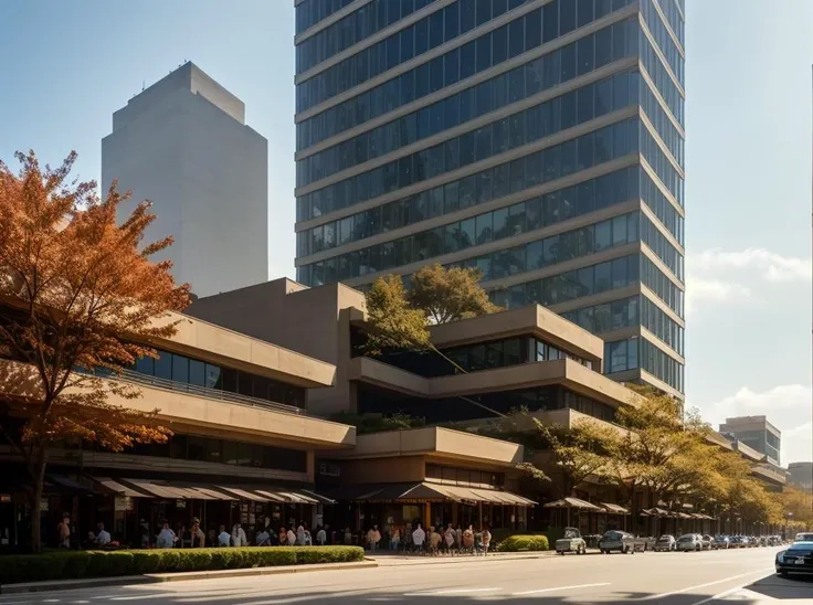 cars are parked on the side of the road in front of a tall building