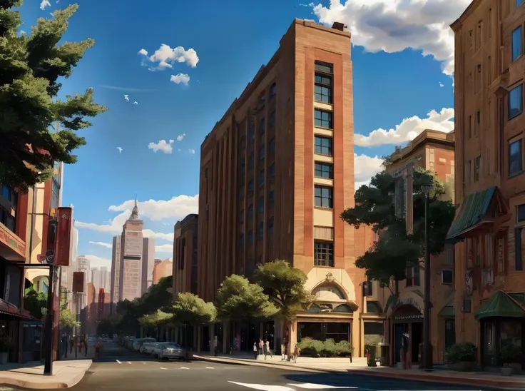 painting of a city street with tall buildings and a clock tower