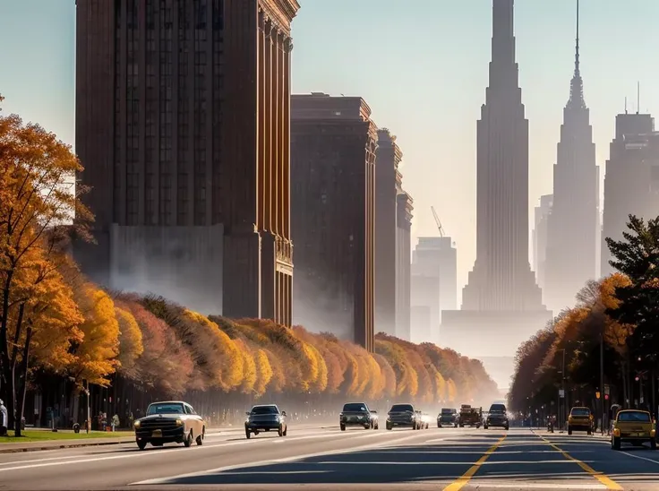 cars driving down a city street with tall buildings in the background