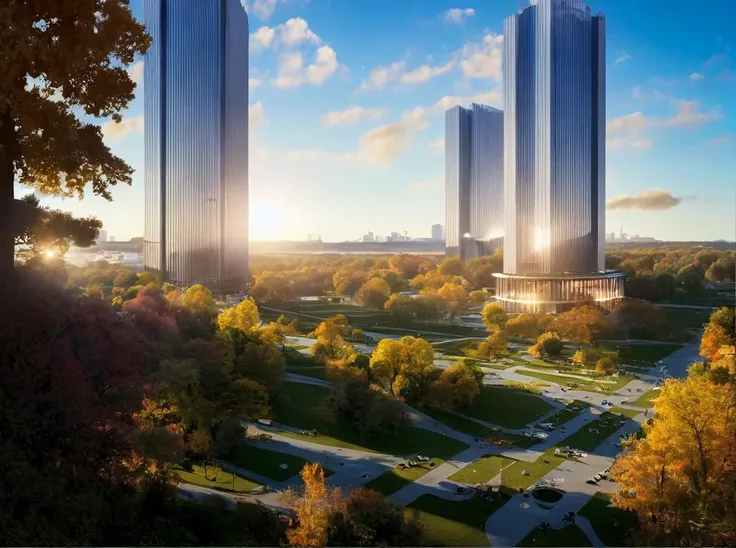 a view of a park with a lot of trees and a few buildings