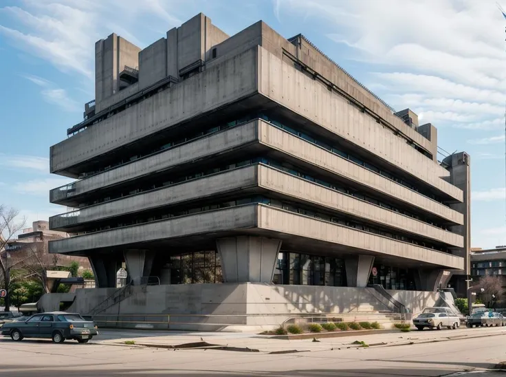 arafed concrete building with a parking lot and a car parked in front of it