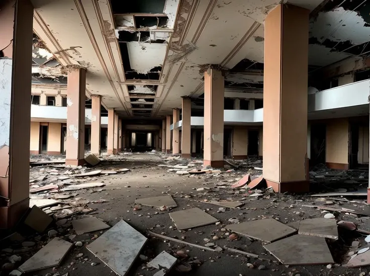 arafed building with a bunch of debris on the ground