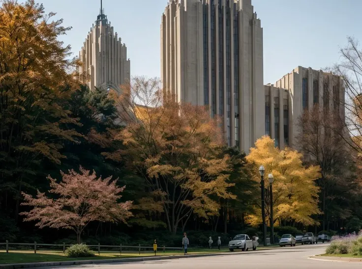 trees with yellow leaves in front of a large building