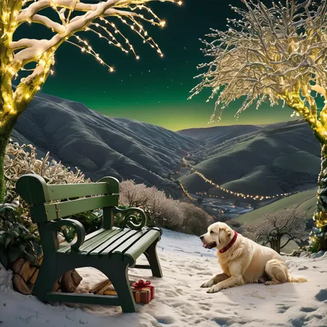 <lora:start:1> an intricate photo of  the green properous valley with a dog bench with christmas lights  covered in cream  oscars