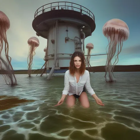 <lora:start:1> photo of a peculiar landscape with easy girl  a pumping station flooded  jellyfish