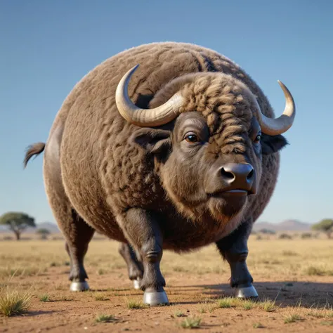 there is a large buffalo standing in a field with a sky background