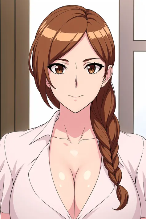 a woman with long brown hair and a white shirt is posing