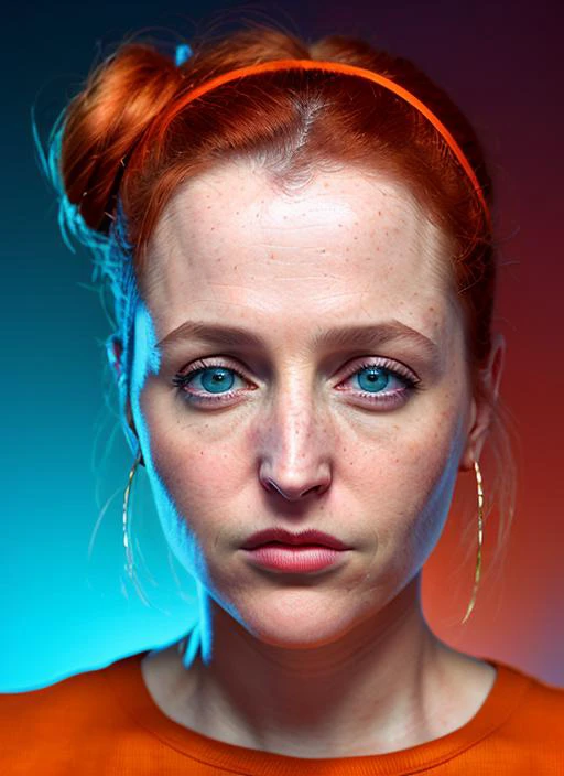 portrait of Scully, contempt , wearing trousers , with orange Top knot , background space epic (photo, studio lighting, hard light, sony a7, 50 mm, matte skin, pores, colors, hyperdetailed, hyperrealistic), <lyco:Scully:1.1>