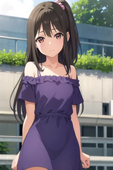 tenkaadachi, <lora:tenka adachi ova-lora-nochekaiser:1>,
tenka adachi, black hair, (brown eyes:1.3), side ponytail, long hair, hair bobbles,
BREAK shorts, off shoulder, dress, purple dress,
BREAK outdoors,
BREAK looking at viewer, (cowboy shot:1.5),
BREAK ...