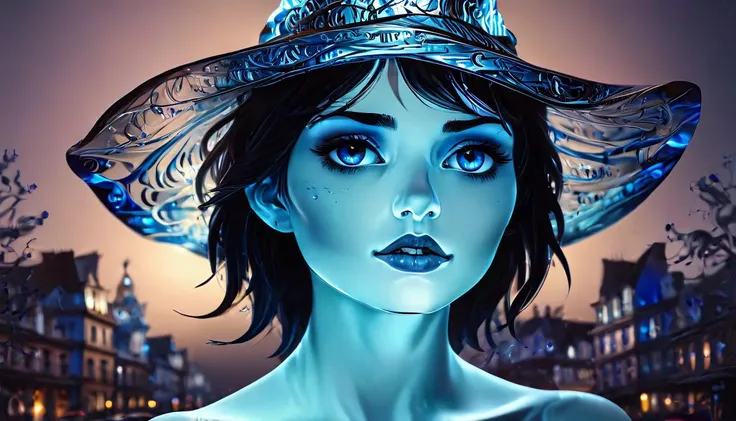 GlassRay, (art by Thiago Valdi:1.1) , dark On pale black paper, Magical Realism, Unconventional Girlfriend, Super model, in glass from the Computer Age, Witch Hat, at Twilight, cinematic, Swirling deep blue, fractal, reflective light