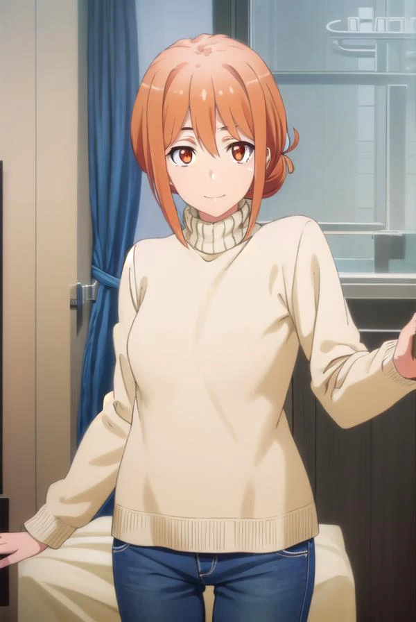 yuigahamama, <lora:mother yuigahama s2s3-lora-nochekaiser:1>,
mother yuigahama, hair bun, mature female, (orange eyes:1.5), orange hair, short hair, single hair bun, hair between eyes, sidelocks, smile,
BREAK denim, jeans, pants, sweater, turtleneck, turtl...