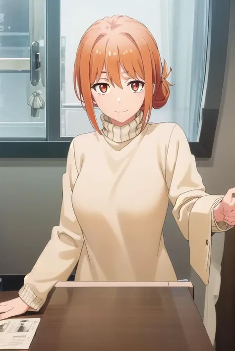 yuigahamama, <lora:mother yuigahama s2s3-lora-nochekaiser:1>,
mother yuigahama, hair bun, mature female, (orange eyes:1.5), orange hair, short hair, single hair bun, hair between eyes, sidelocks, smile,
BREAK denim, jeans, pants, sweater, turtleneck, turtl...