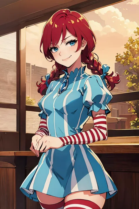 Masterpiece, best quality, 1woman, cowboy shot, beautiful, <lora:NSFWFilter:-1.5>  1girl, ffwendys, smug, smirk, looking at viewer, twin braids, hair bow, striped dress, striped sleeves, puffy sleeves, striped thighhighs, <lora:fastfood_wendys-10:1>