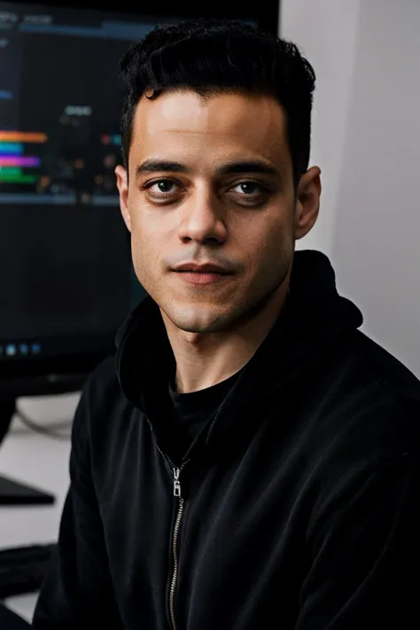 male,realistic,<lora:rami_malek:0.7>,rami_malek,wearing black hoodie, using pc