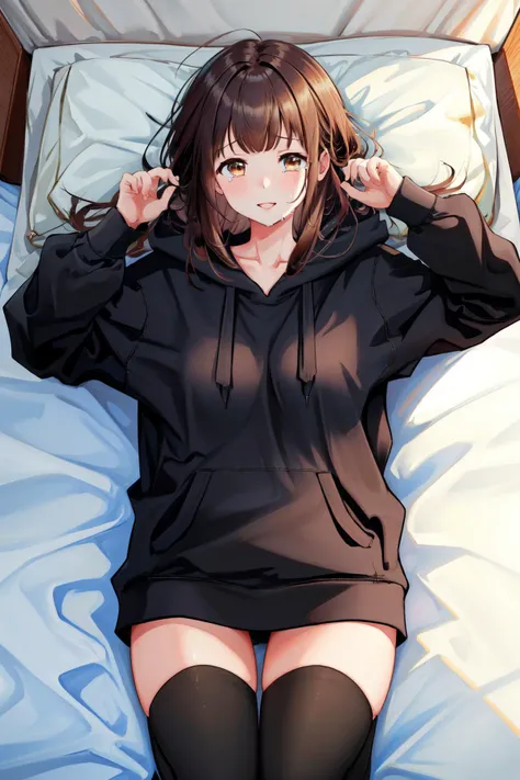 (masterpiece, best quality:1.2), (absurdres, highres, ultra-detailed), (perfect anatomy), <lora:Menherachan:1>, Menherachan, 1girl, solo, black hoodie, long hoodie, black thighhighs, seiza, bed, bedroom, <lora:add_detail:0.3>, <lora:GoodHands-beta2:1>, <lo...