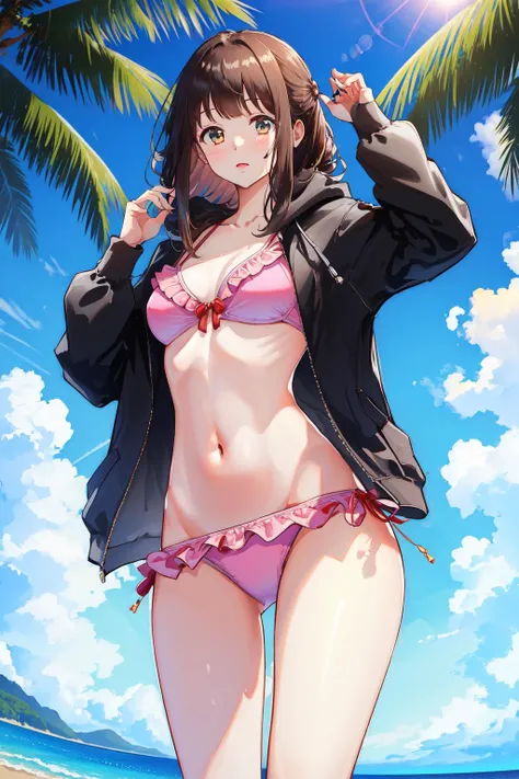 (masterpiece, best quality:1.2), (absurdres, highres, ultra-detailed), (perfect anatomy), <lora:Menherachan:1>, Menherachan, 1girl, solo, beach, sun, blue sky, palm tree, pink bikini, frilled bikini, black hoodie, open hoodie, <lora:GoodHands-beta2:1>