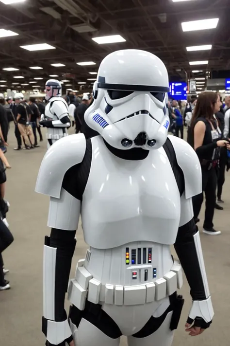 storm trooper, white armor, helmet, faceless, science fiction, star wars, 1girl, solo, [black bodysuit], breasts, looking at viewer, cosplay, convention greeting, convention