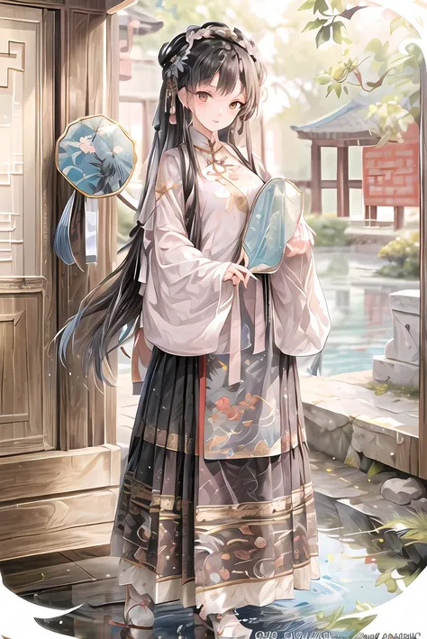 (masterpiece, top quality, best quality, official art, beautiful and aesthetic:1.2), 1girl, solo, long black hair, black eyes, cute girl, hanfu,ming style, looking at viewer,  cowboy shot, standing, ancient chinese architecture, water, holding a chinese fa...