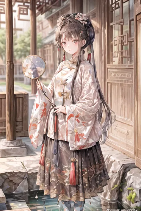 (masterpiece, top quality, best quality, official art, beautiful and aesthetic:1.2), 1girl, solo, long black hair, black eyes, cute girl, hanfu,ming style, looking at viewer,  cowboy shot, standing, ancient chinese architecture, water, holding a chinese fa...