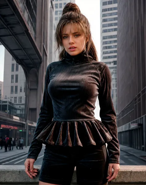 techwear fashion concept art analog film photo  realistic, a woman (wearing Peplum top and  High-Neck Blouse and Corduroy pants: Pants made from ribbed corduroy fabric.,  Shot Size - medium close-up shot),  <lora:quiron_RacquelDarrian_v4_Lora:0.77> Racquel...