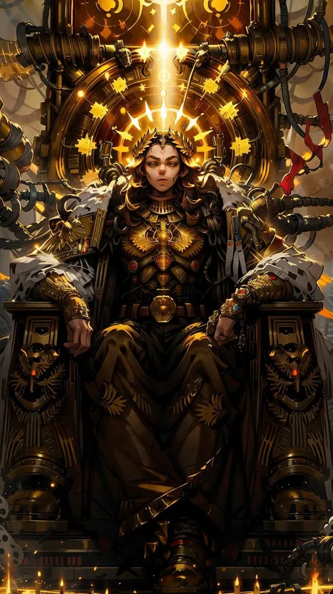 female emperor_of_man sitting on a golden throne,golden aura,laurel crown,rim lighting,<lora:THE EMPEROR OF MANKIND MK1 by CCARAXESS:1>,pipes,wires,gears,throne room,gold aura,