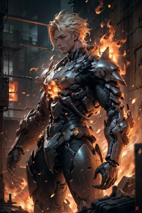 physically-based rendering,cinematic shot,best quality, masterpiece, realistic,1boy, beautiful ,black armour,mecha,cyberpunk,blonde hair,  fantastical creature,fire, <lora:on_fire:0.5>