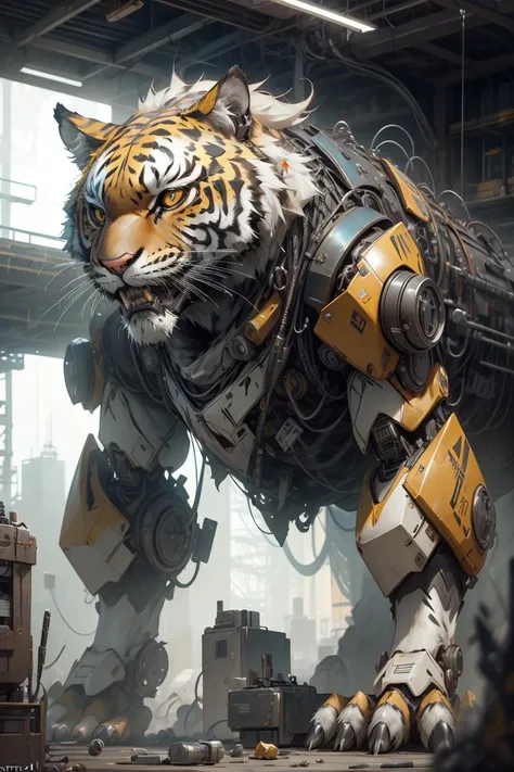 a tiger robot in a factory with a machine in the background