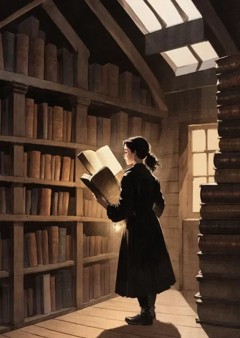 diterlizziartai  watseixl
1girl explores a dimly lit attic filled with old books, casting eerie shadows on the walls. close up   
 magic library
warm lights, 
[(details:1.2): [ (many small details:1.3) : [ (many ultrasmall details: 1.2):(very detailed ultr...