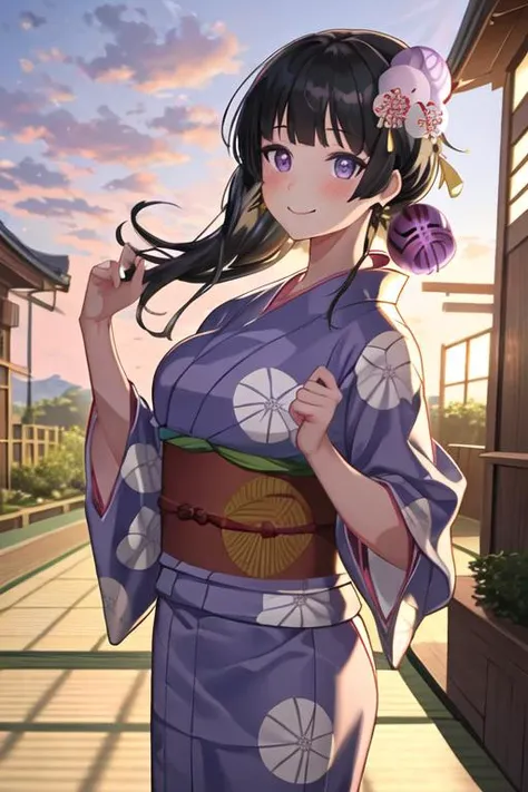 best quality, masterpiece, highres, solo, {yukata:1.40}, {kimono:1.20}, {shirokane_rinko_bangdream:1.15}, black_hair, bangs, purple_eyes, long_hair, blush, smile, breasts, hair_ornament