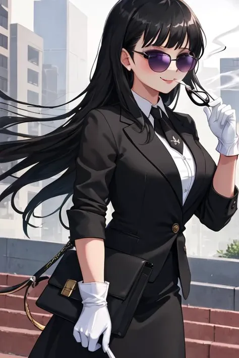 best quality, masterpiece, highres, solo, {black business suit:1.40}, {tie:1.20}, {sunglasses:1.25}, {white gloves:1.15}, {white shirt:1.10}, {black skirt:1.15}, {smoking:1.20}, handsome, {shirokane_rinko_bangdream:1.15}, black_hair, bangs, purple_eyes, lo...