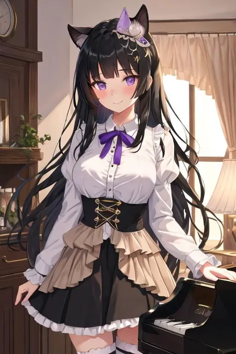 best quality, masterpiece, highres, solo, {shirokane_rinko_bangdream:1.15}, black_hair, bangs, purple_eyes, long_hair, blush, smile, breasts, hair_ornament, 1girl, frills, looking_at_viewer, shirt, black_ribbon, long_sleeves, white_shirt, closed_mouth, rib...