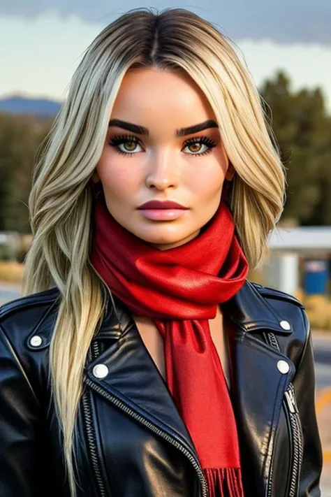 Picture, high quality, half body shot, SFW, biker Koh_MadiEdwardsV2-140, wearing a black leather jacket, red scarf, roadside gas station, sunset, overcast, optical glare, strong bloom, perfect face, sharp focus