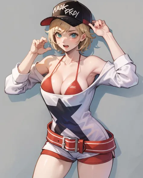 (masterpiece, best quality, high resolution, unity 8k wallpaper, extremely detailed CG:1), (illustration:1.0), 1girl, alicems , hat, baseball cap, off shoulder, cleavage, belt, bikini, shorts , shirt, <lora:AliceMS:1>